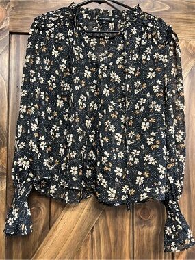 Blu Pepper Black Floral Sheer Blouse Smocked Cuff Long Sleeve S